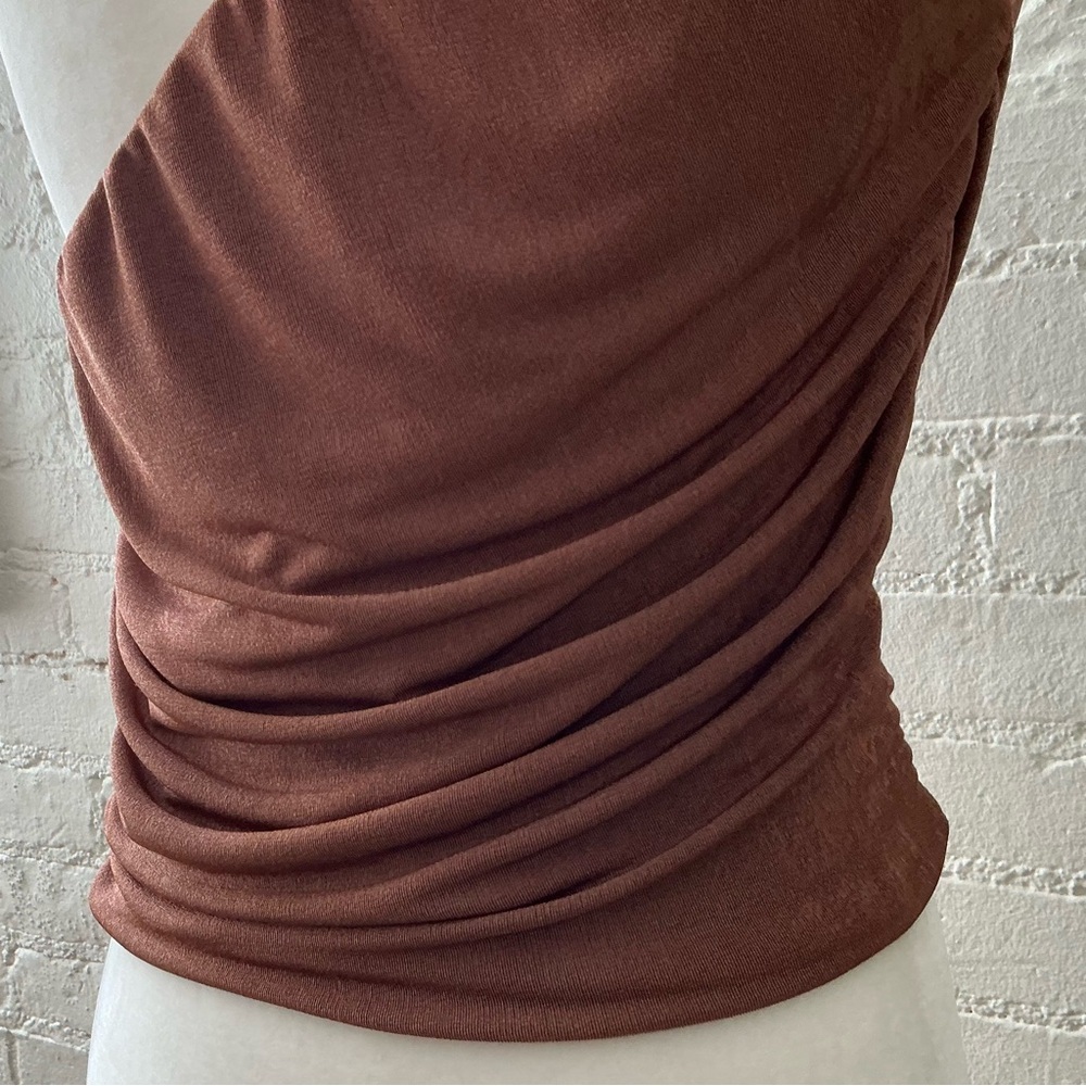 Moa Moa Womens Draped One Shoulder Asymmetric Top Size L Ruched Stretch Brown - Picture 9 of 11